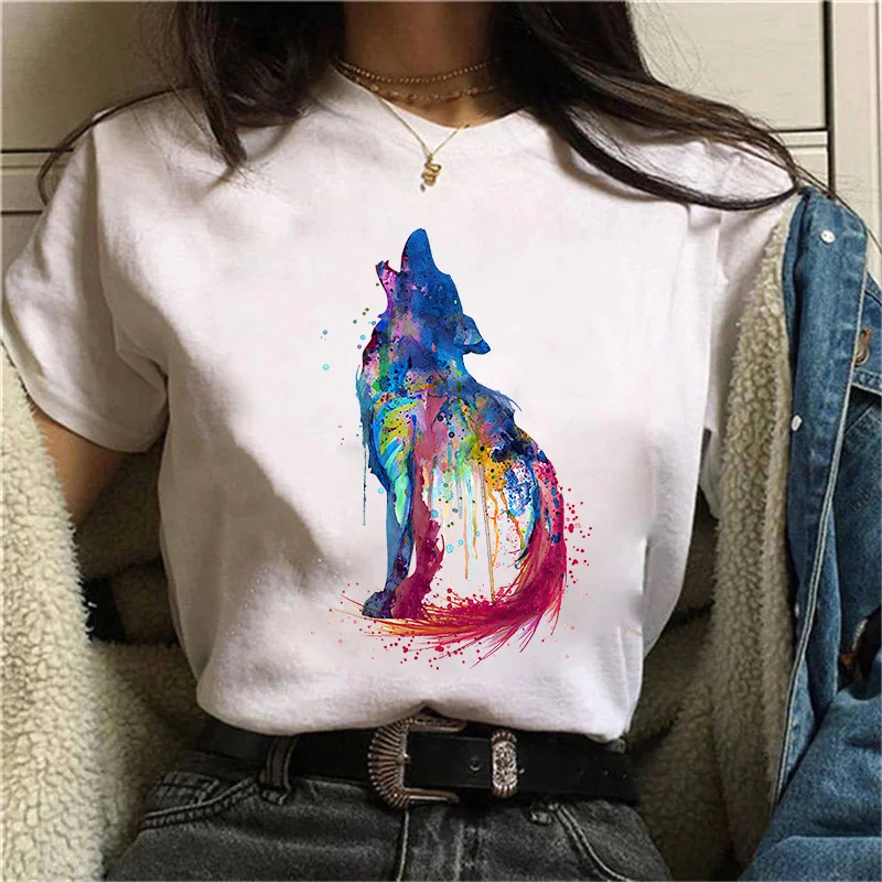 

Watercolor Wolf Print Women's T-shirt Summer Harajuku Animal Tees Tshirt Women Funny Tops Aesthetic Casual FemmeT Shirt Dropship