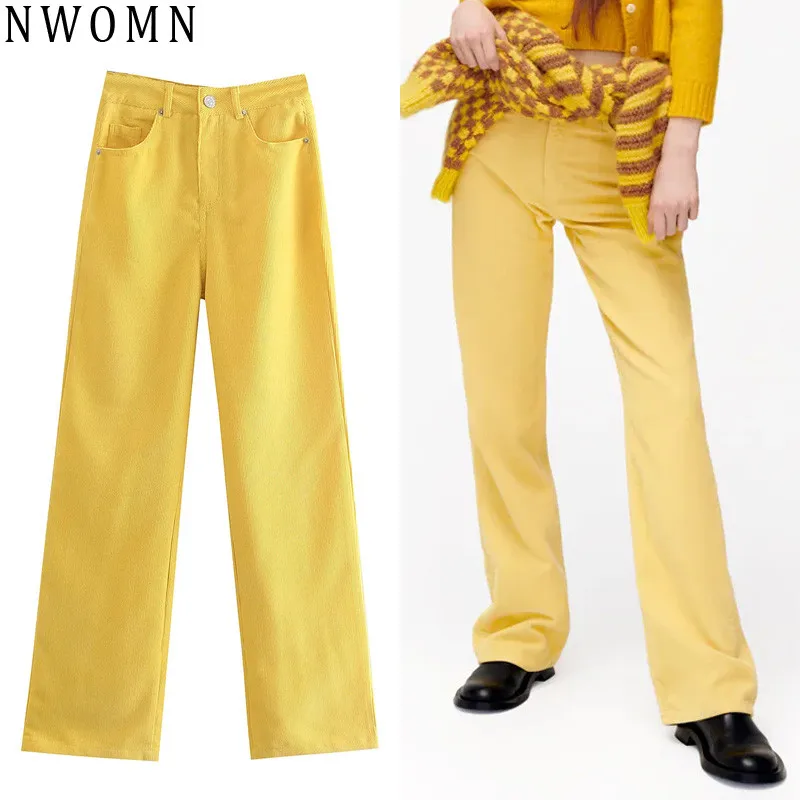 

Za 2021 Corduroy Pants For Women High Waist Wide Pants Woman Pink Pants Fashion Pocket Woman Trousers Straight Blue Baggy Pant