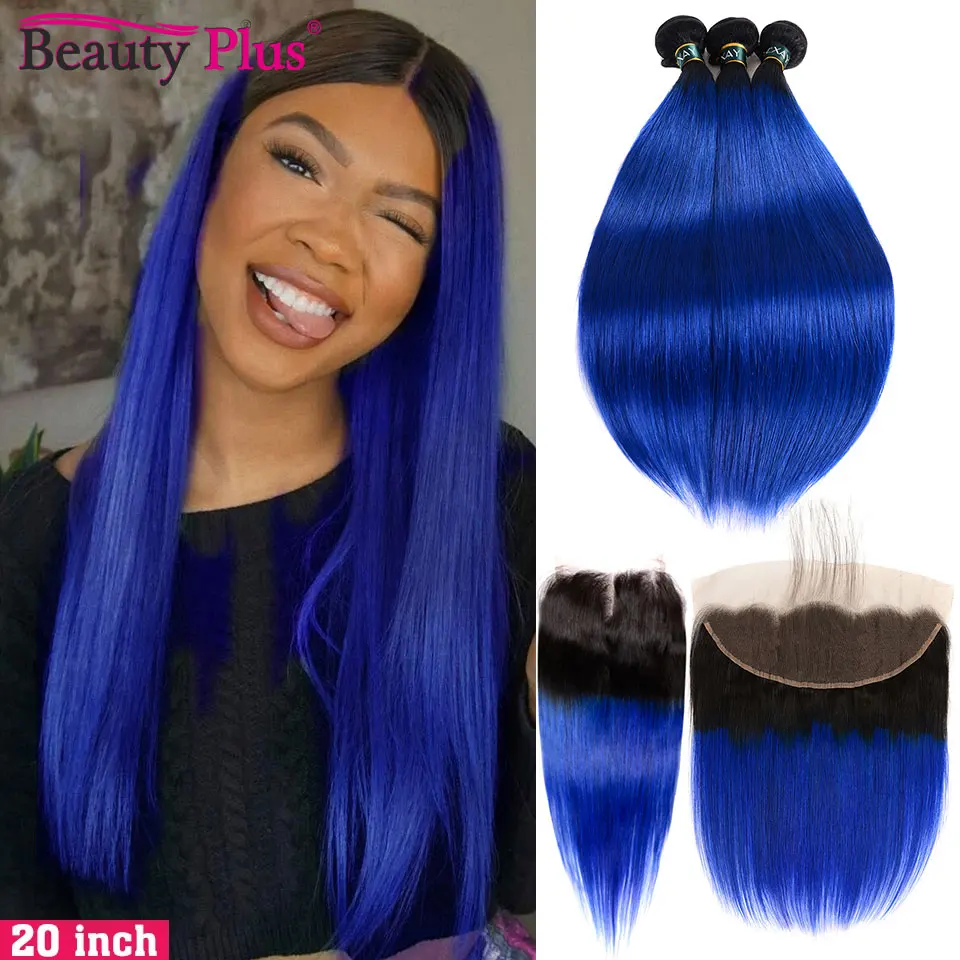 Ombre Bundles with Closure T1B/Blue Colored Brazilian Remy Hair Weave Bundle with Closure Straight Bundles with Frontal Prepluck