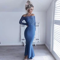 cheap mermaid prom dresses boat neck long sleeves blue evening dress ankle length slim sexy party gowns plus size