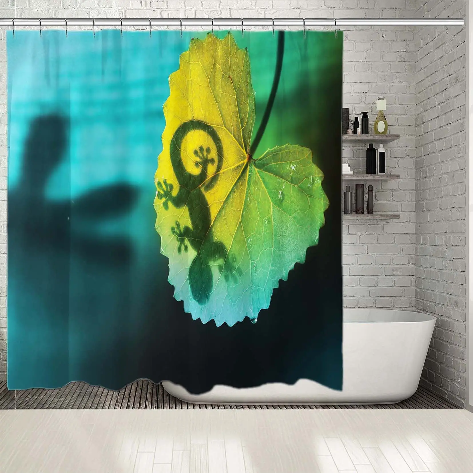 

Shower Curtain Lizard Shadow on A Tropical Leaf Exotic Jungle Animals Wild Life Nature Printed Photo Green Blue