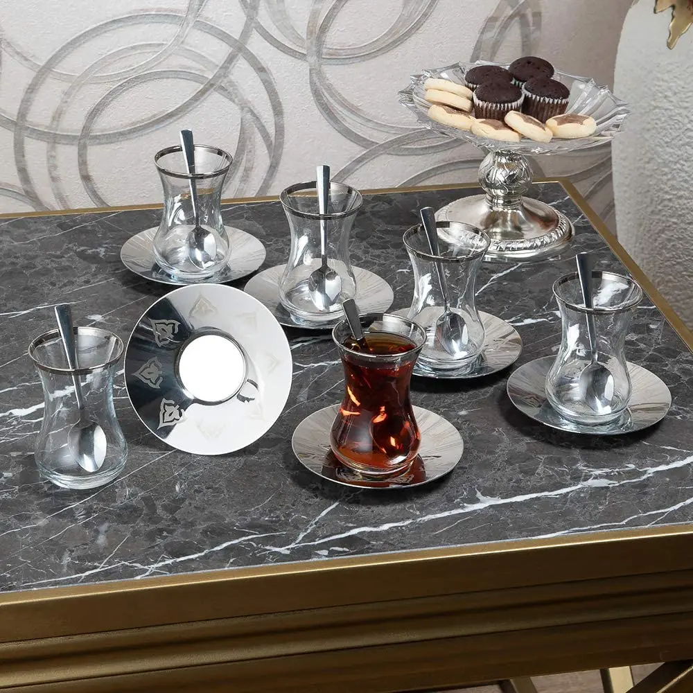 

Turkish Tea Glasses Cups Set of 6 and Saucers Clear with Spoons for Serving and Drinking Glassware Housewarming Gift Women 3.45