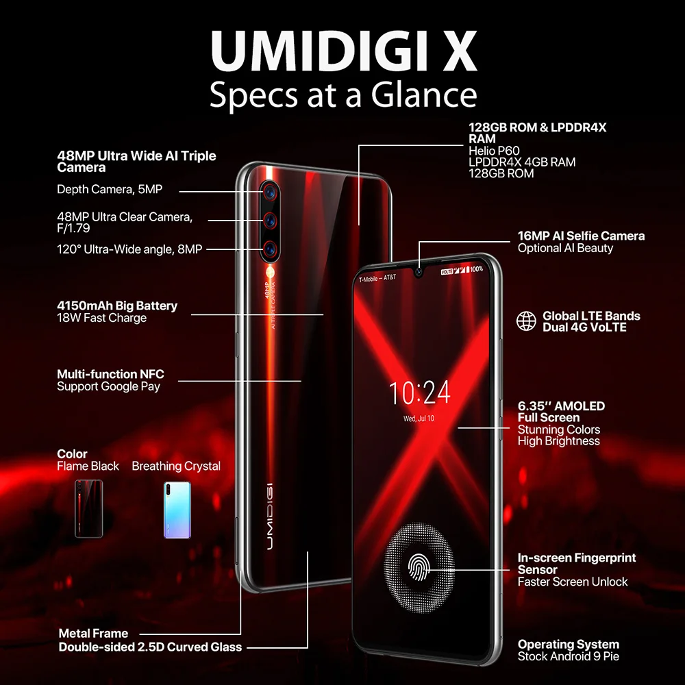 UMIDIGI X 6,35 дюймов AMOLED 4 Гб 128 ГБ глобальная версия Смартфон Android 9,0 Helio P60 48MP 4150 мАч отпечаток пальца NFC 4G мобильный телефон