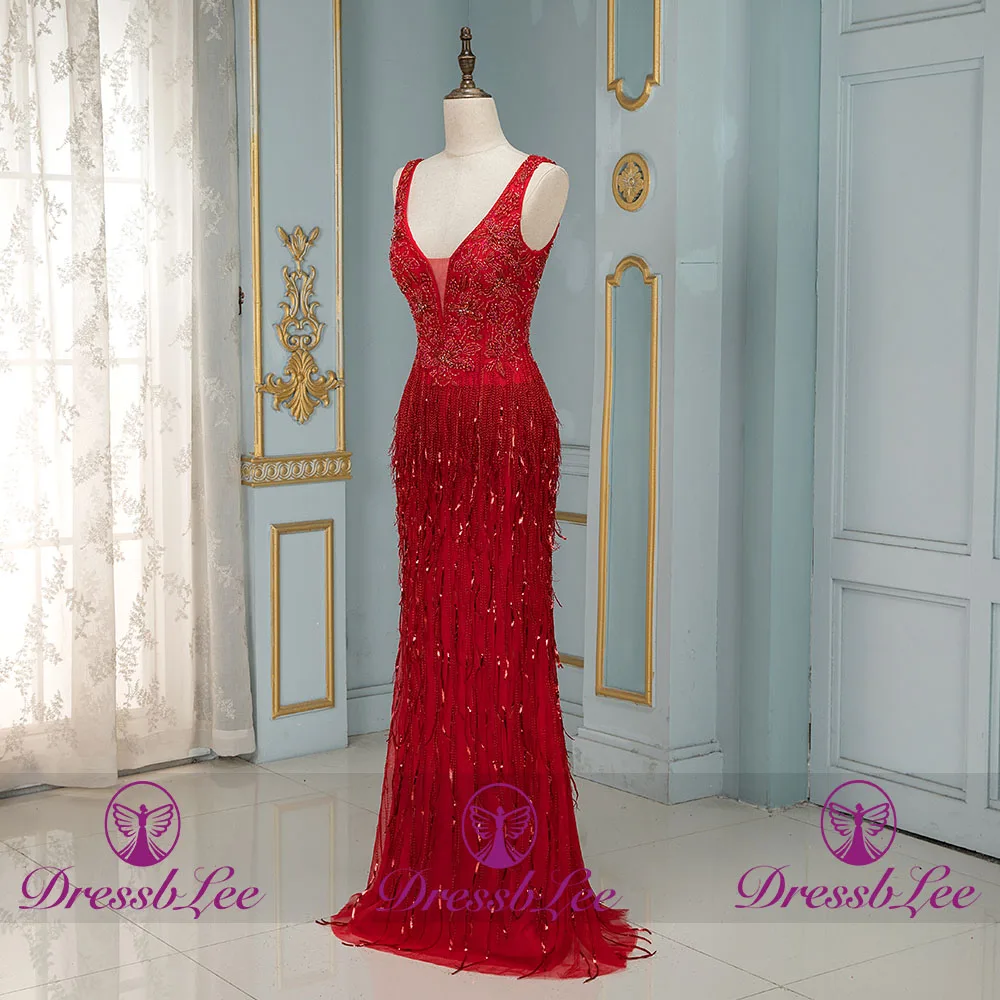 DressbLee 2020 Fashion Red Long Crystal Prom Dress Sleeveless Fringed Pageant Dress Robe de Soiree