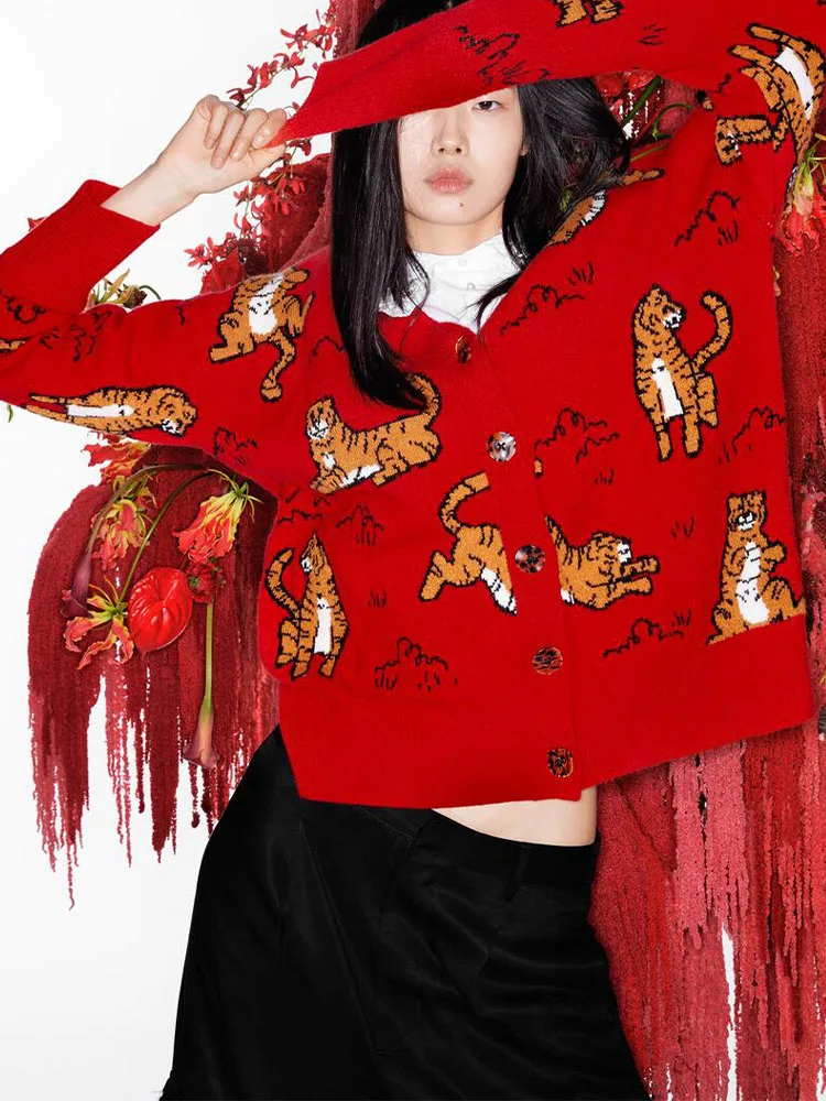 ZA [New Year Series] Winter new women's clothing Year of the Tiger limited red knitted cardigan loose coat