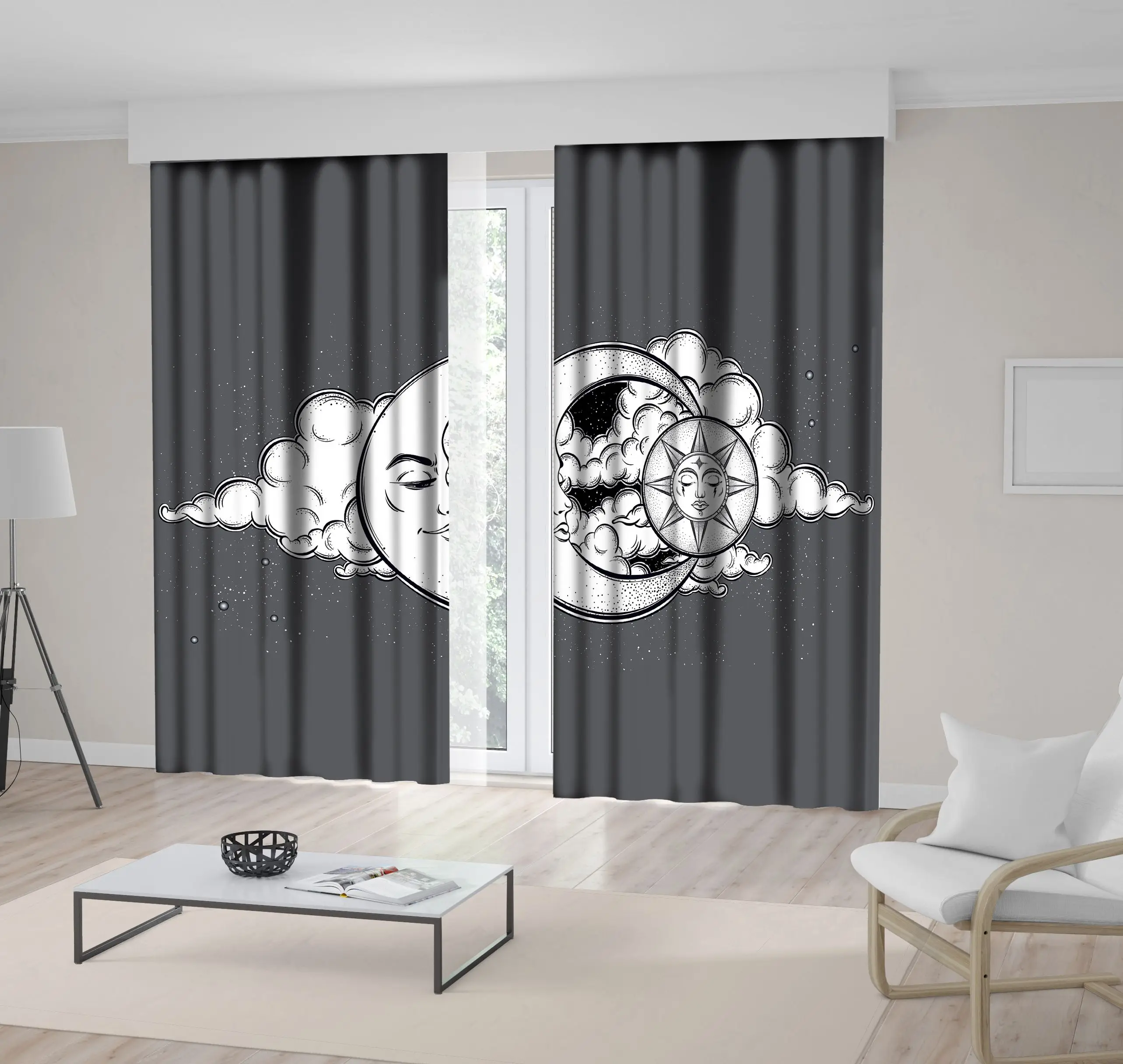 

Curtain Moon Sun Stars and Clouds Night Sky Vintage Ethnic Mythical Art on Dark Background Black Gray White
