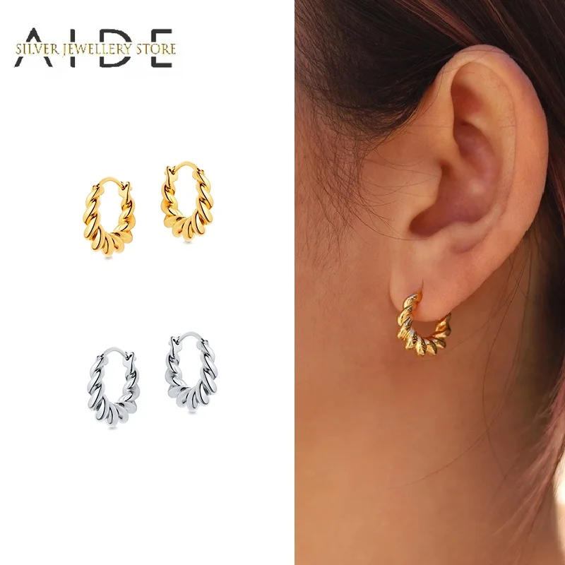 

AIDE Minimalism 925 Sterling Silver Hoop Earrings for Women Wide Glossy Twist Pendientes Piercing Huggie Earrings Fine Jewelry