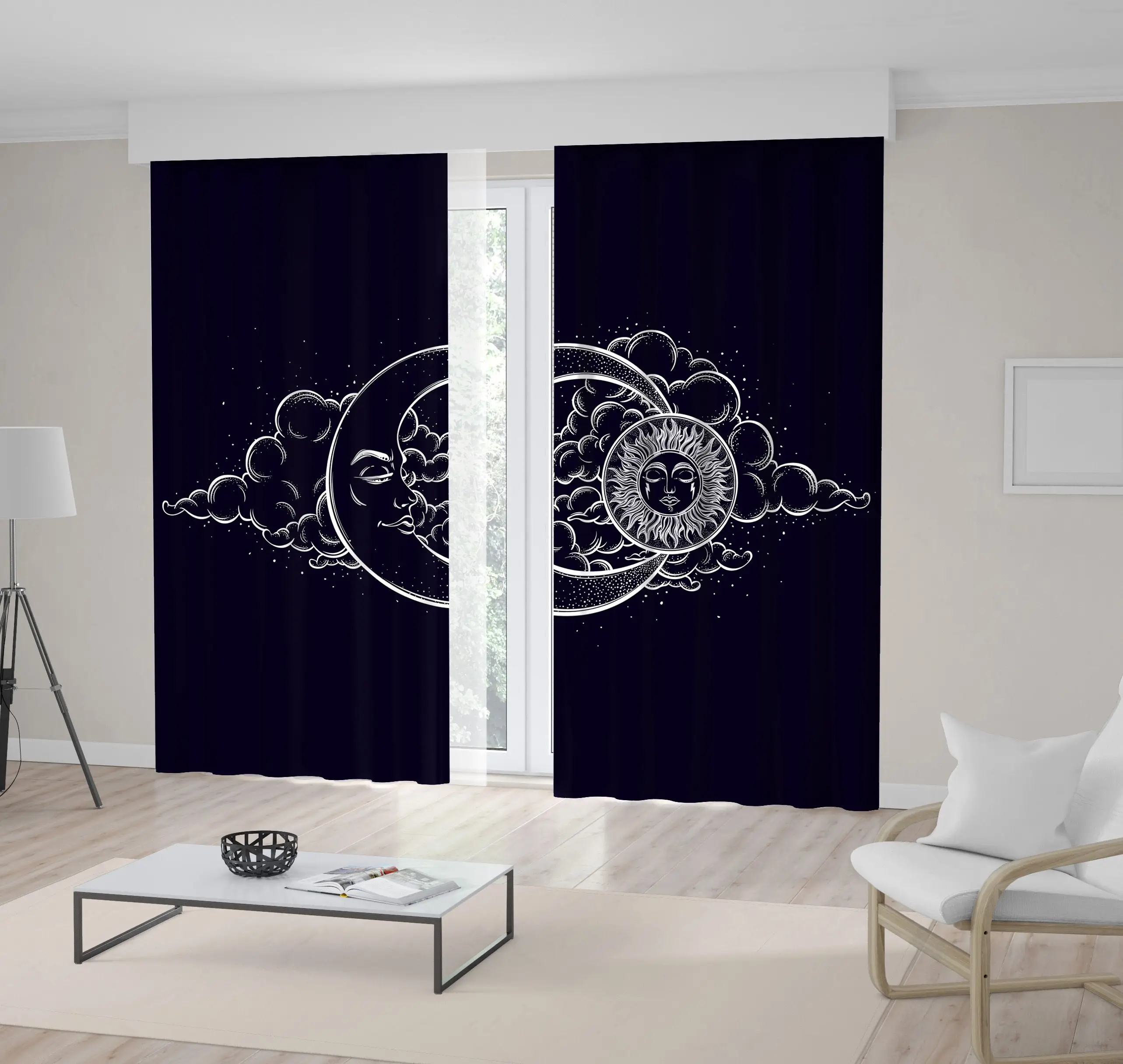 

Curtain Moon Sun Stars and Clouds Night Sky Oriental Traditional Mythical Artwork on Dark Background Printed Blue White