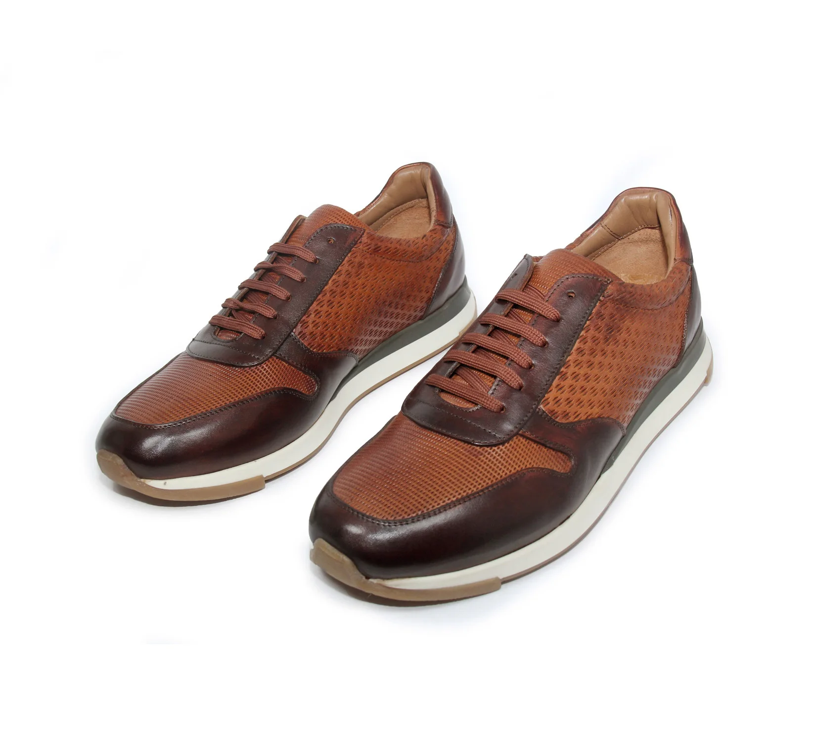 

Handmade Brown Tobacco Sport Trainers, Genuine Calf Leather, Patterned Calfskin, Casual Comfort Shoes for Men