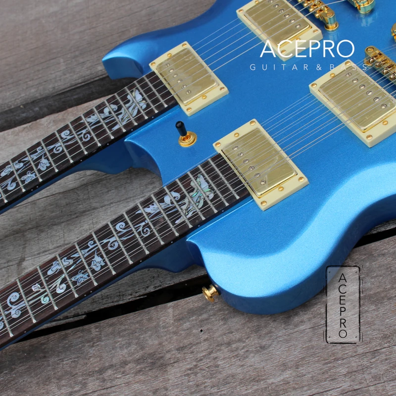 Металлическая синяя электрическая гитара Acepro с двойной шеей и корпусом из липы