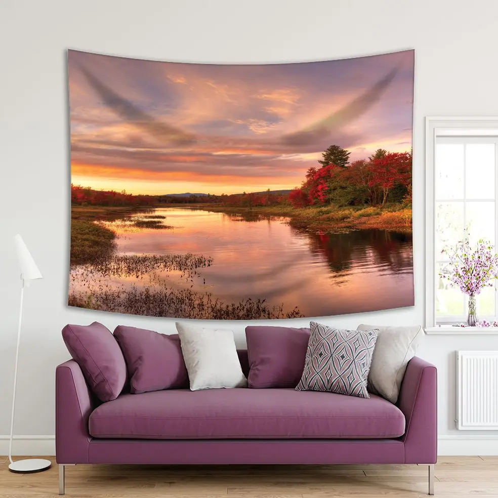 

Tapestry Sunset Colorful Trees Forest Clouds Reflection on Lake Orange Red Green Adirondack NY Fall Scene Printed