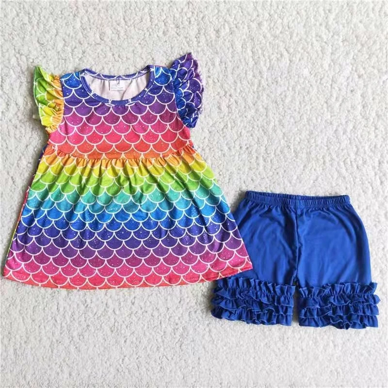 

new design wholesale boutique summer outfit fashion baby girl 2 pcs outfit toddler girl clothes flutter sleeve top blue shorts