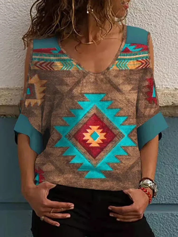 

Summer Short Sleeve Tops Women Geometric Cold Shoulder Blouse Casual Loose T-Shirt Femme Party Camiseta