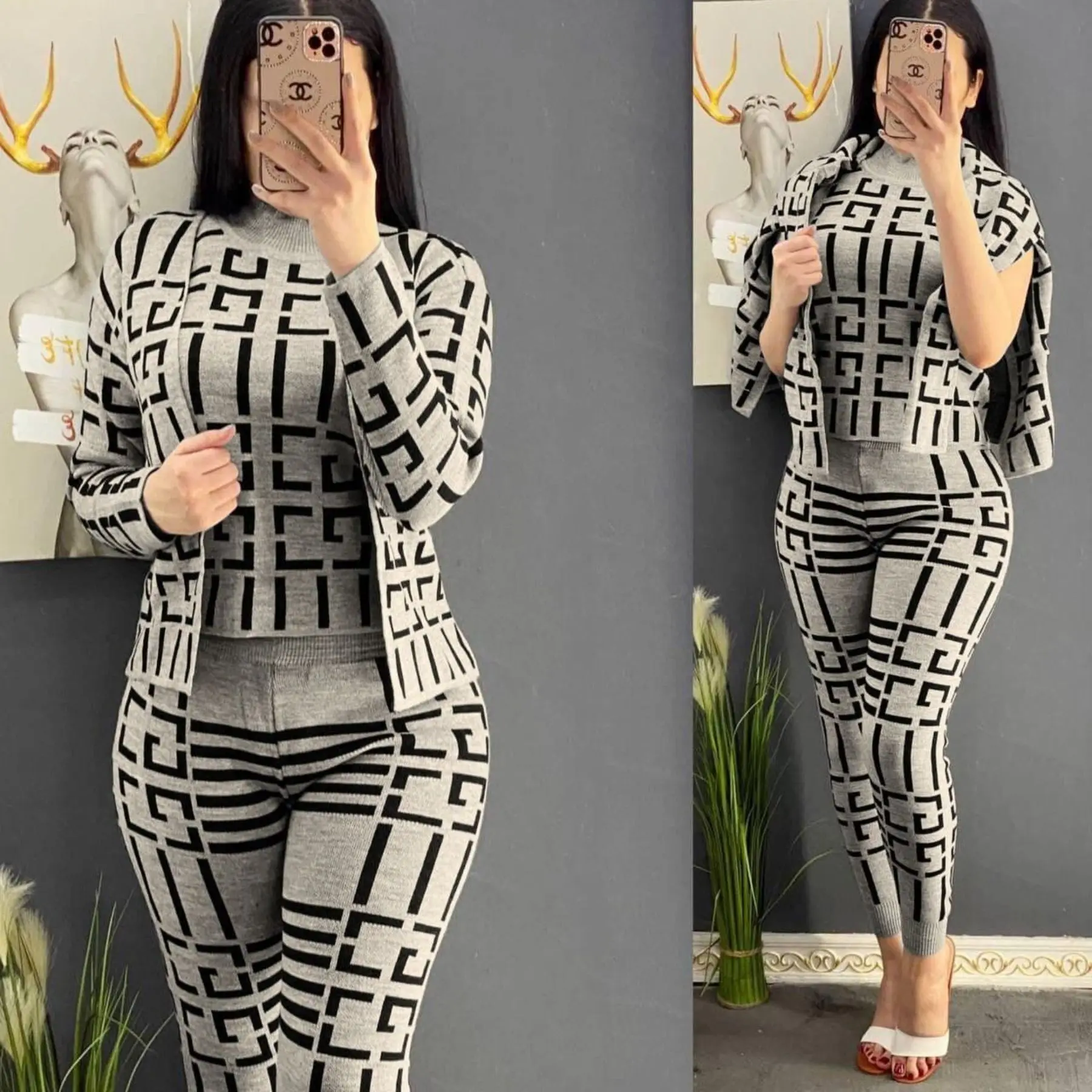 Женский трикотажный костюм из трех предметов кардиган в полоску свитер без