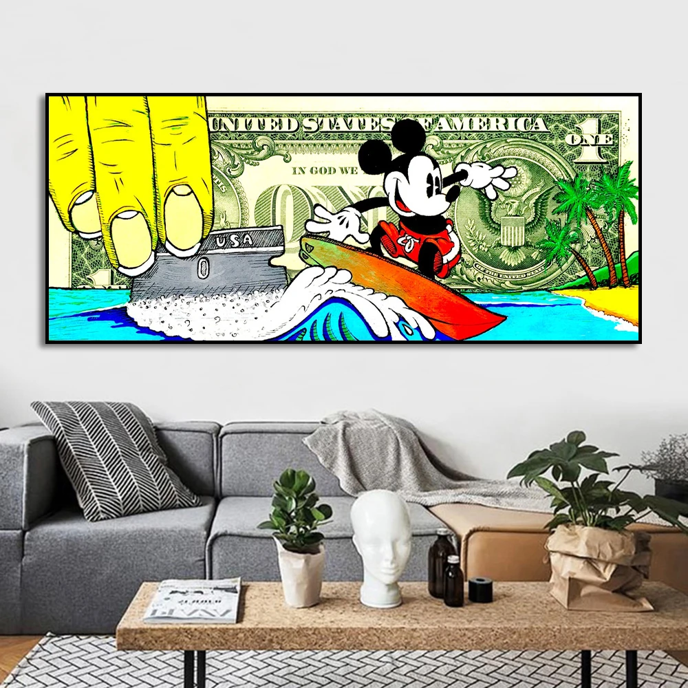 

Mickey Sea Surfing Canvas Print Money 1 Dollar Art Posters And Printd Abstract Disney Graffiti Wall Picture For Home Room Decor