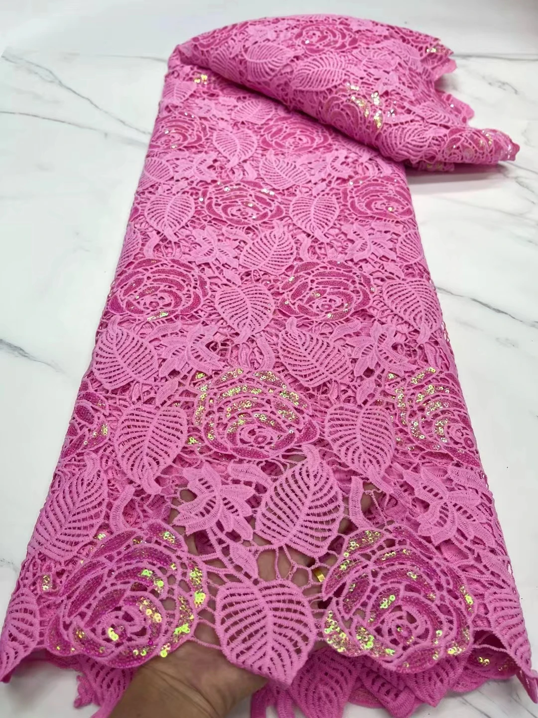 

Pink Guipure Cord Lace Fabric 5 Yards Wedding 2022 Embroidered Leaf and Flowers Sewing Sequince Dress Water Soluble Lace XJYG66