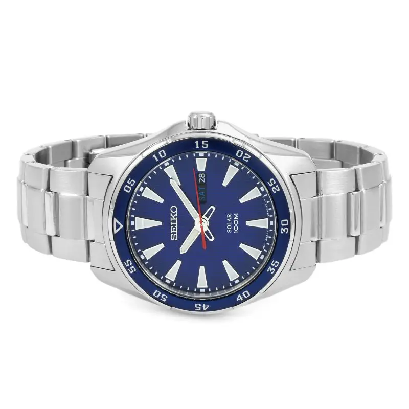 Мужские солнечные часы Seiko SNE391P1 с синим циферблатом ремешок из нержавеющей стали