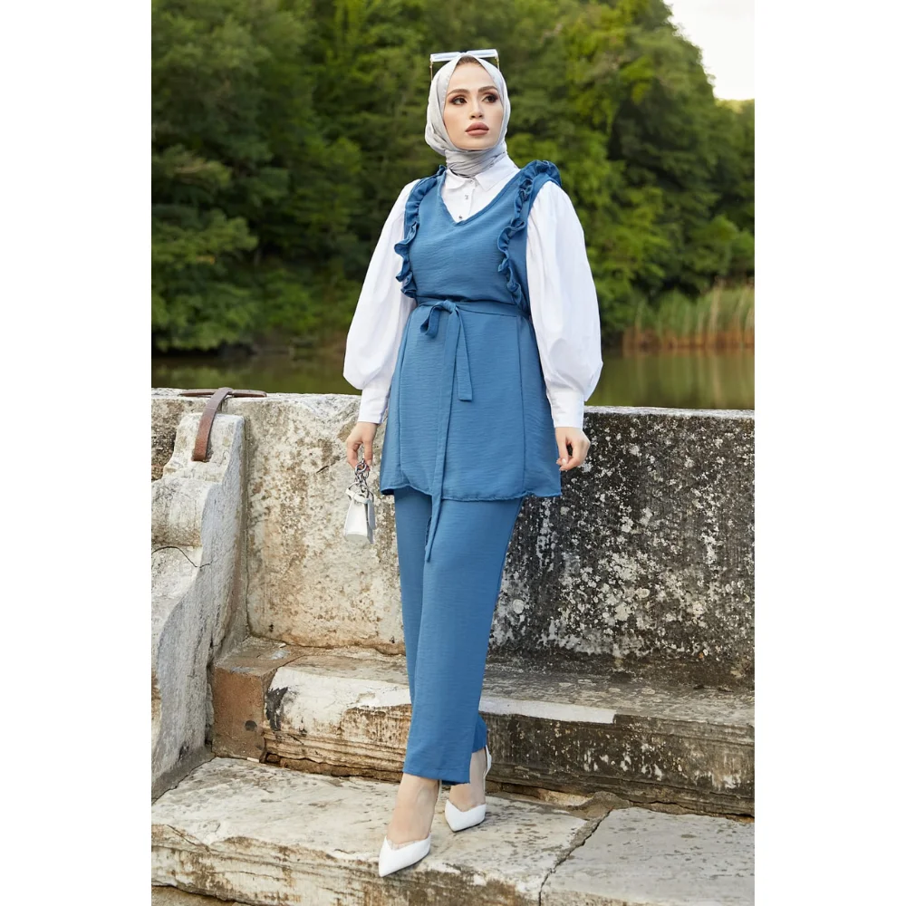 Frill Detailed Double Hijab Suit 4 Different Colors Fashion Stylish Trend muslim dress women abaya kaftan modest dress abayas fo