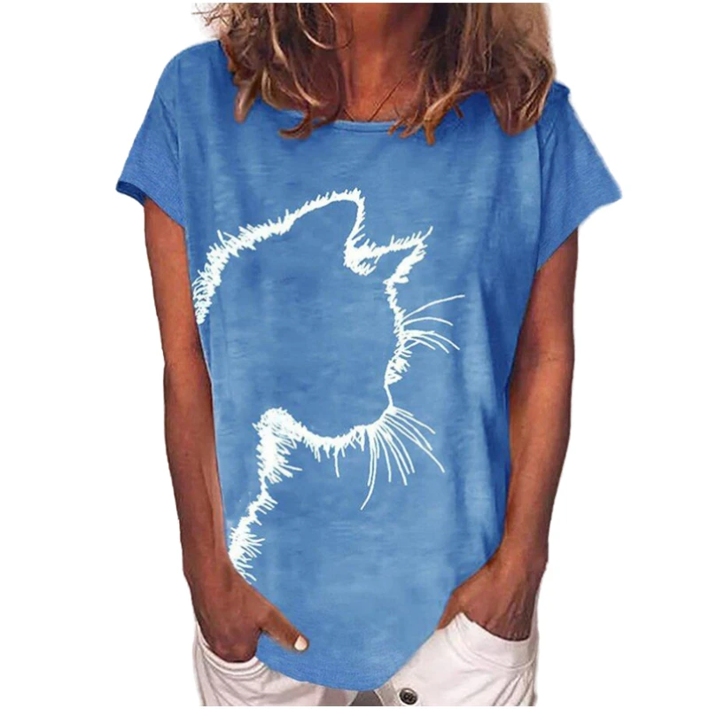 

Women Summer Cat Printed T-Shirt Plus Size Casual Short Sleeved Round Neck Tops Ladies Loose Cotton Top Tee