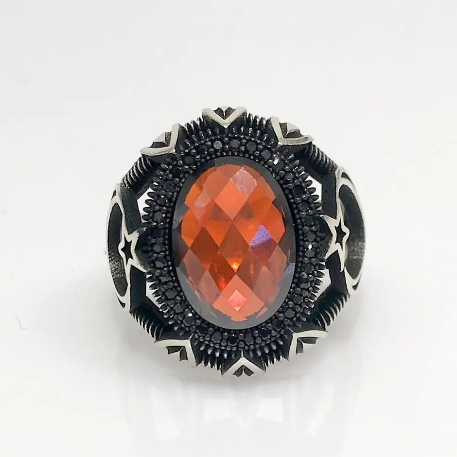 

Red Stone the Moon the stars Custom Quality Silver Men 'S Ring