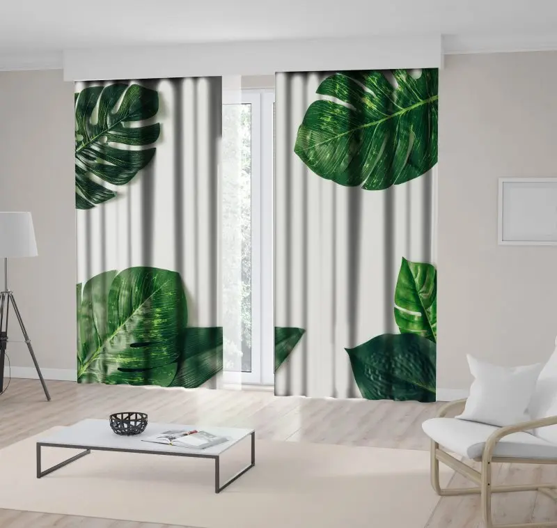 

Curtain Tropical Leaves Exotic Nature Jungle Big Leaf Plants Decorative Photo Printed Green White