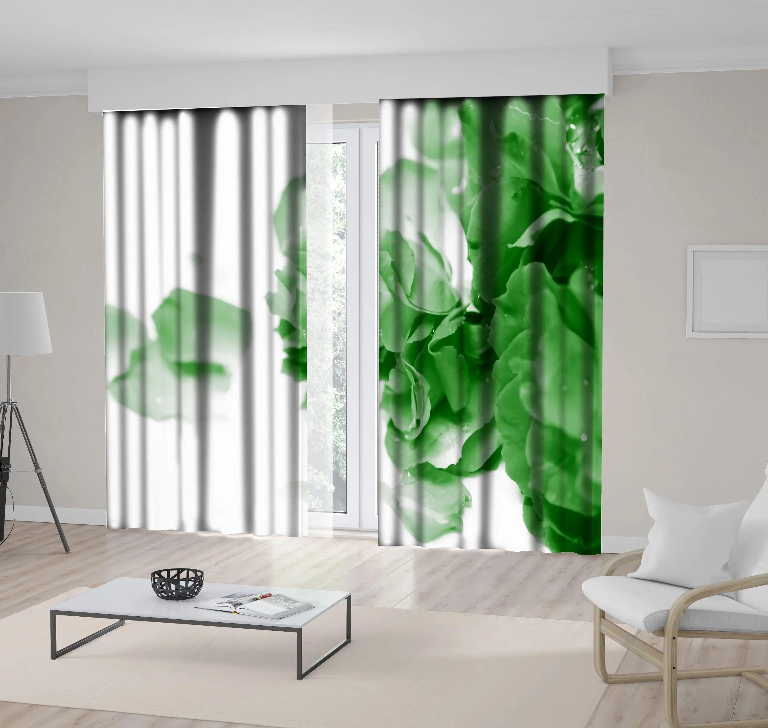 

Curtain Roses and Petals in Water Natural Light and Shadow in Vintage Style Artwork Green White