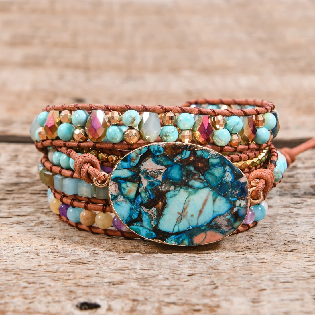 

Leather Bracelet Natural stone Mix Chain 5 Strands Woven Wrap Bracelets Bohemian Charm Bracelets Dropship