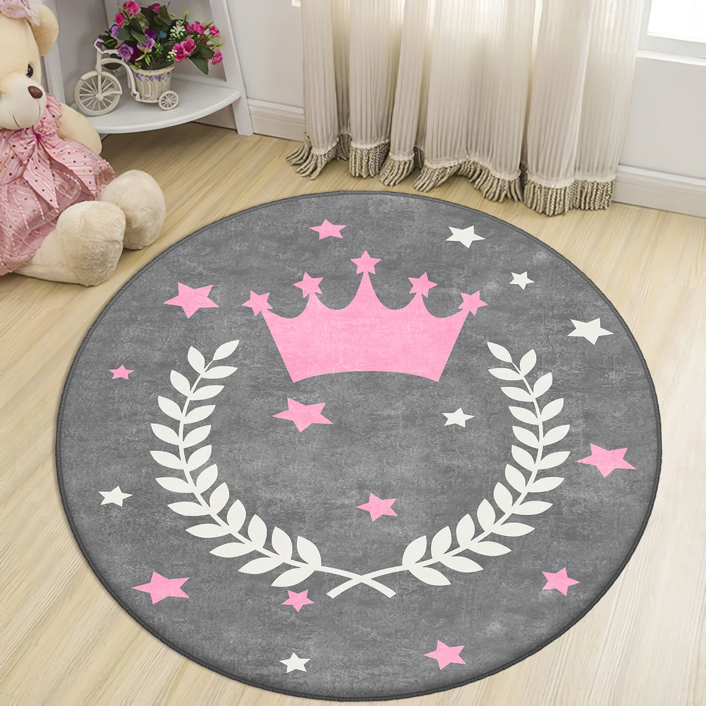 

Gray Round Kids Room Rug clock numbers girl heart educational carpet