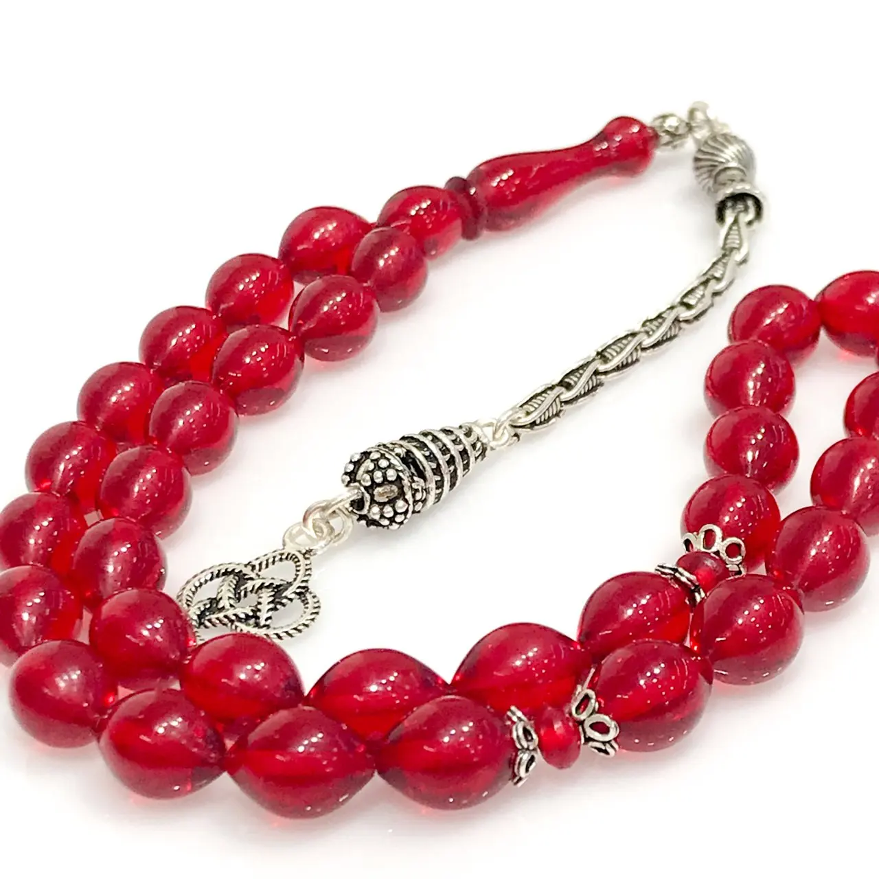 

Red Fire Amber Watermelon Cut Silver Tassel Rosary