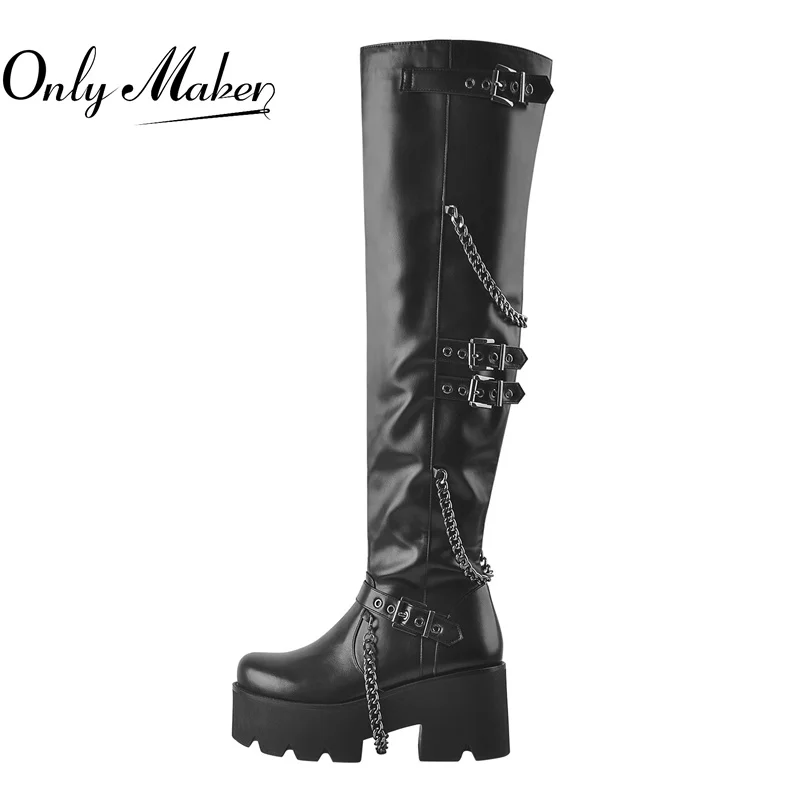 

Onlymaker Round Toe Boots For Women Square Over The Knee Matte Black Metal Chain Buckle Chunky Heels Zipper Long Boots