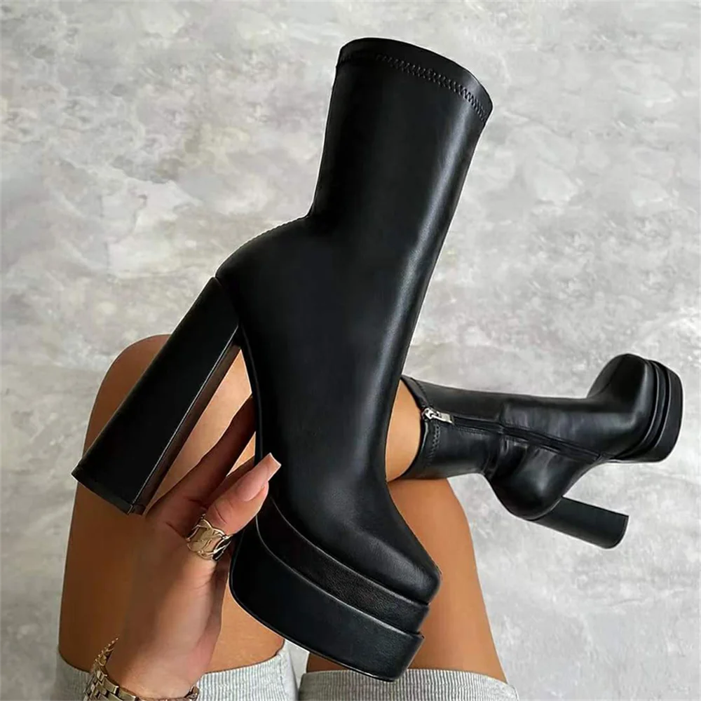 High Heel Woman Boots 2022 Winter Devil Punk Platform Shoes Plus Size  Head Side Zipper Fashion Side Zipper Solid Low Boots