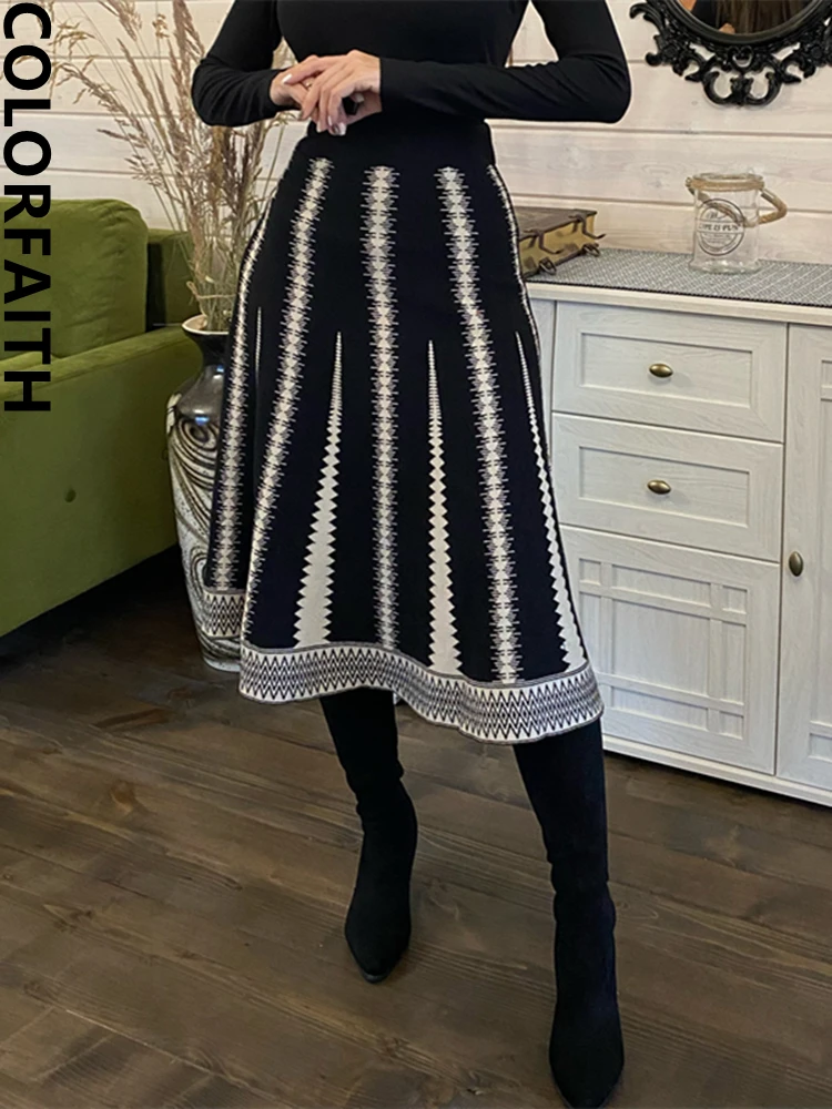 

Colorfaith New Knitted Striped Chic Flare Vintage High Waist Elegant Warm Lady 2022 Spring Autumn Women Skirt Long Skirts SK1518