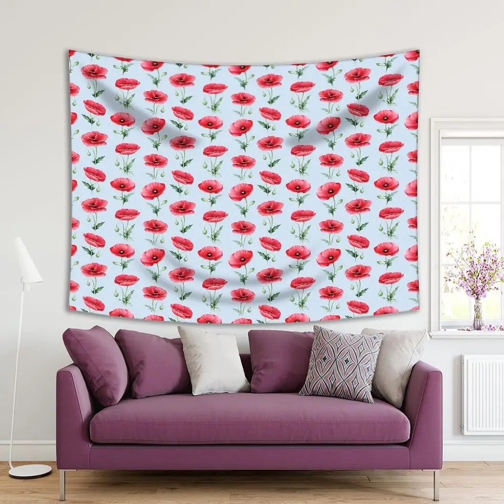 

Tapestry Poppy Flowers Leaves Watercolor Pattern Spring Garden Wildflowers Red Green Blue Floral Art