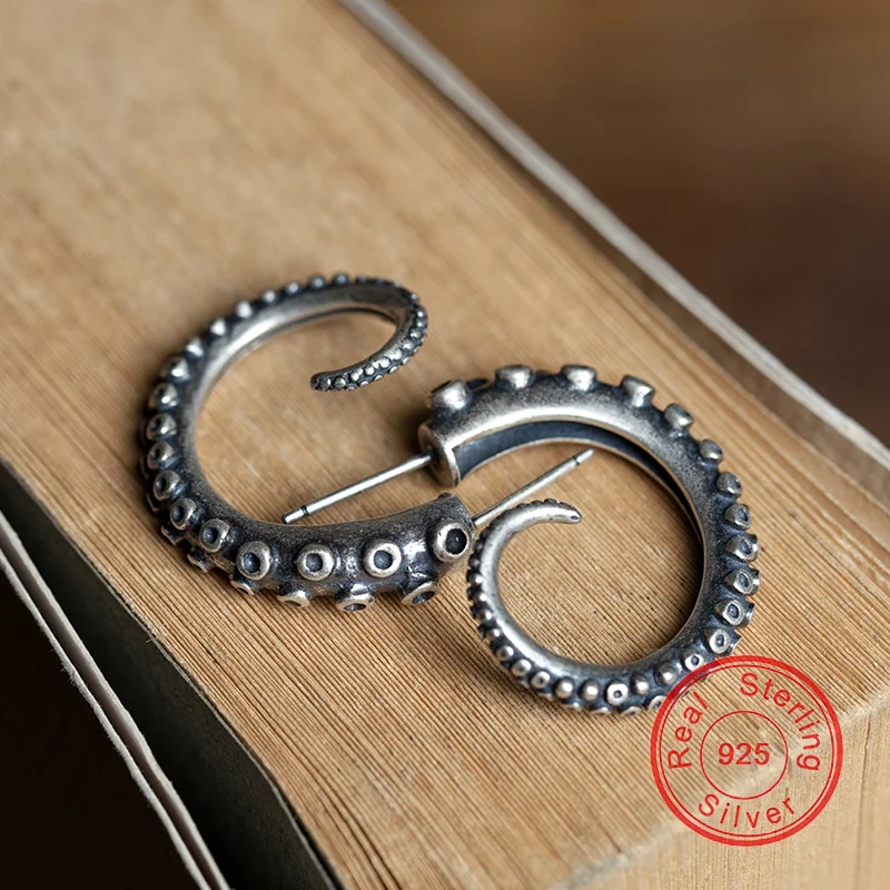 

100% 925 Steriling Silver Squid Octopuc Tentacles Stud Earrings For Men Women Animal Gothic Punk Personality Trendy Jewelry