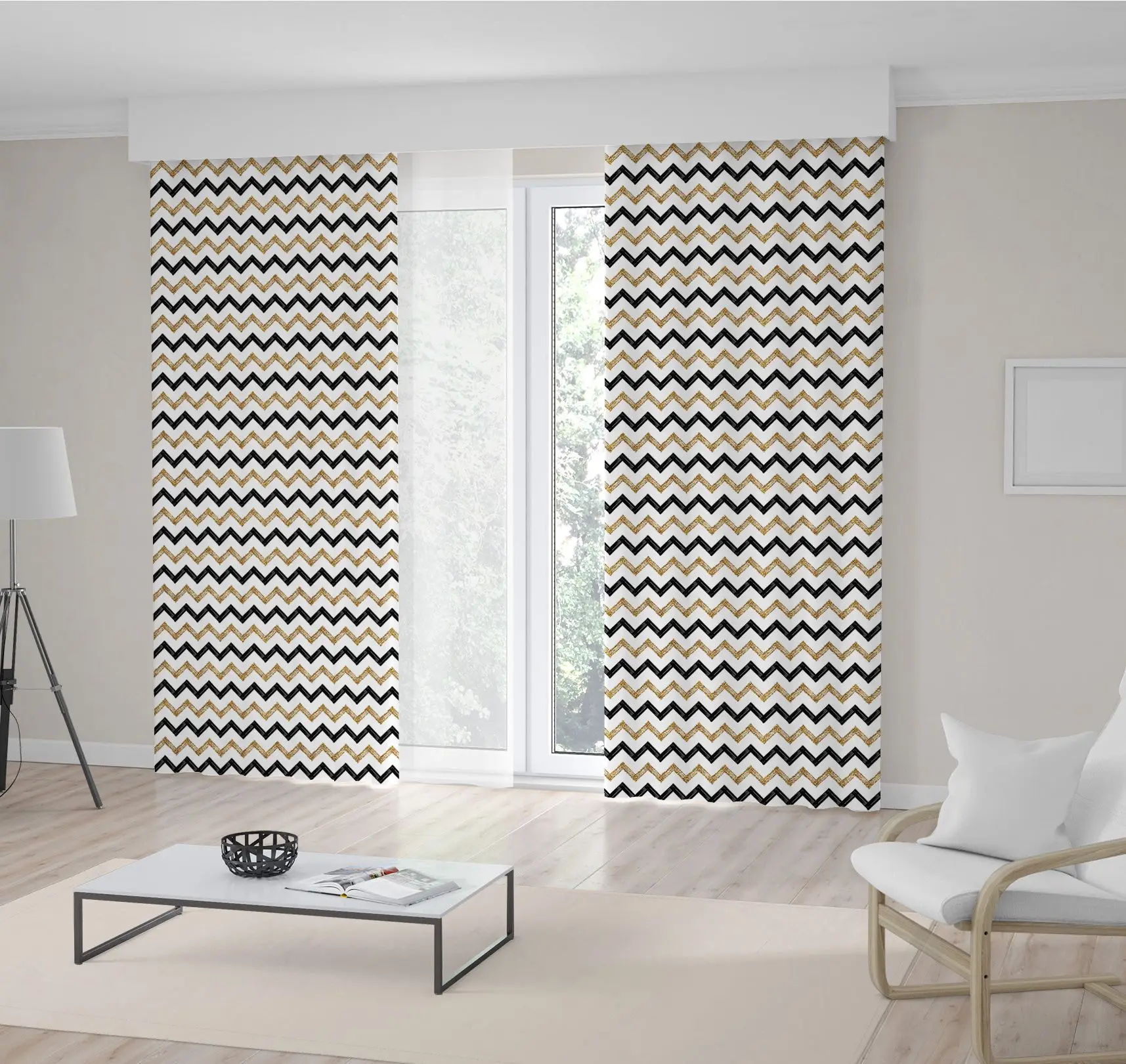 

Curtain Zigzag Chevron Patterns Black Gold Horizontal Stripes Lines Stylish Modern Home Decor