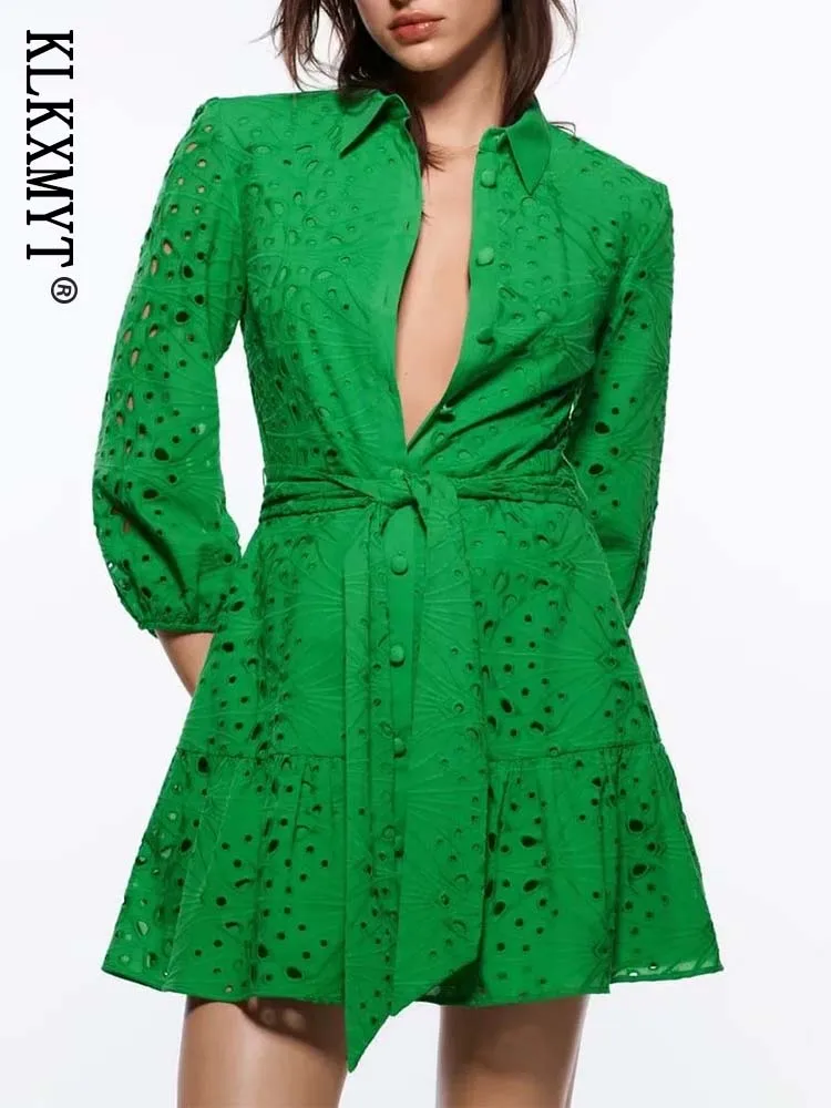 

Klkxmyt TRAF женское 2022 модное платье с вышивкой Элегантные вечерние мини-платья винтажные с длинным рукавом и поясом женские платья