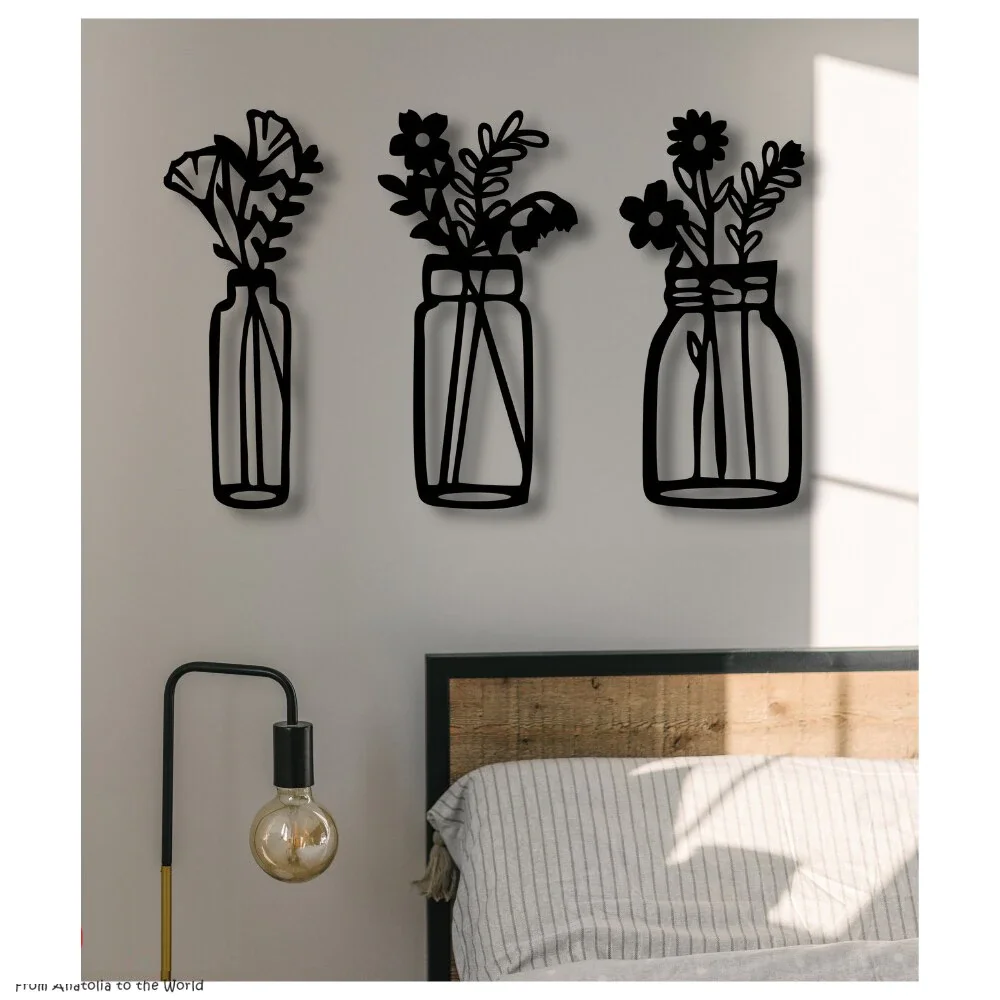 Деревянные настенные художественные украшения Ваза для цветов 3 шт. Черный цвет