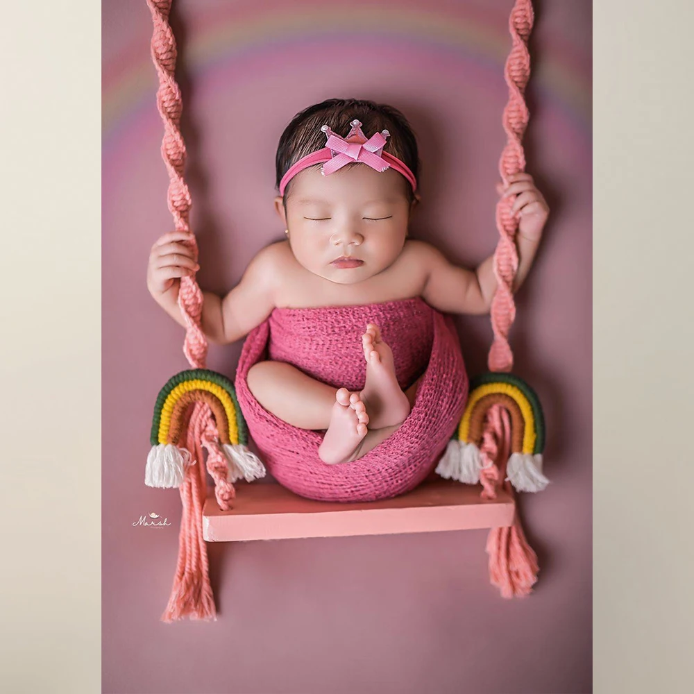 Wooden Swing Newborn Posing Prop Natural Toys Vintage Swing Rainbow Macrame Boho Children's Photography Shootsession Posing Aid