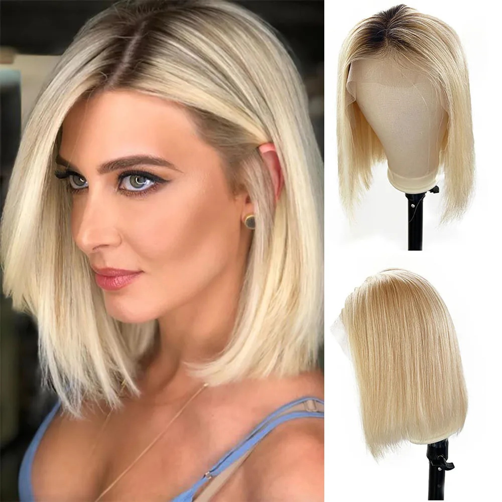 Ombre Blonde 613 Bob Wig Human Hair Straight 13x4x1 Middle T Part Lace Front Wigs Pre Plucked Blunt Cut Short Bob Wigs For Women