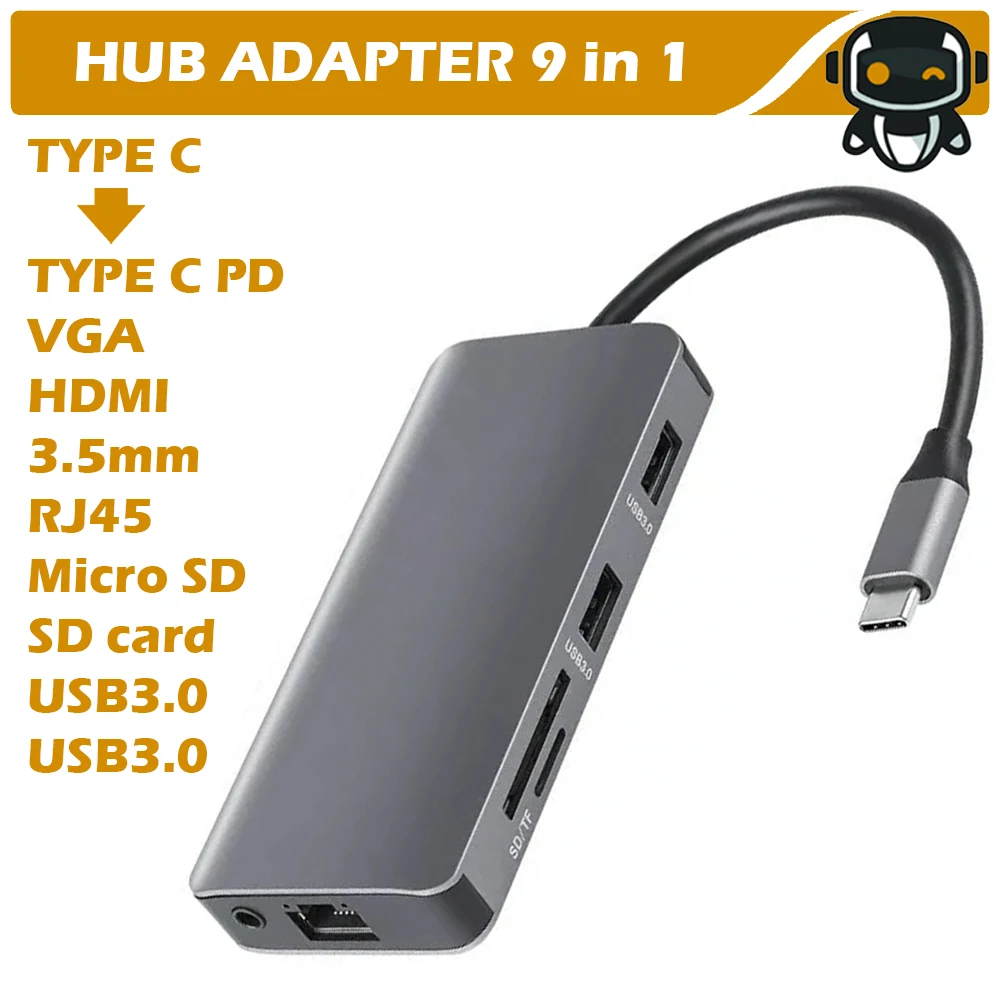 Адаптер концентратора 9 в 1 Тип C к HDMI 4K VGA аудио 3 5 мм PD быстрая зарядка RJ45 LAN SD TF 2 USB3.0