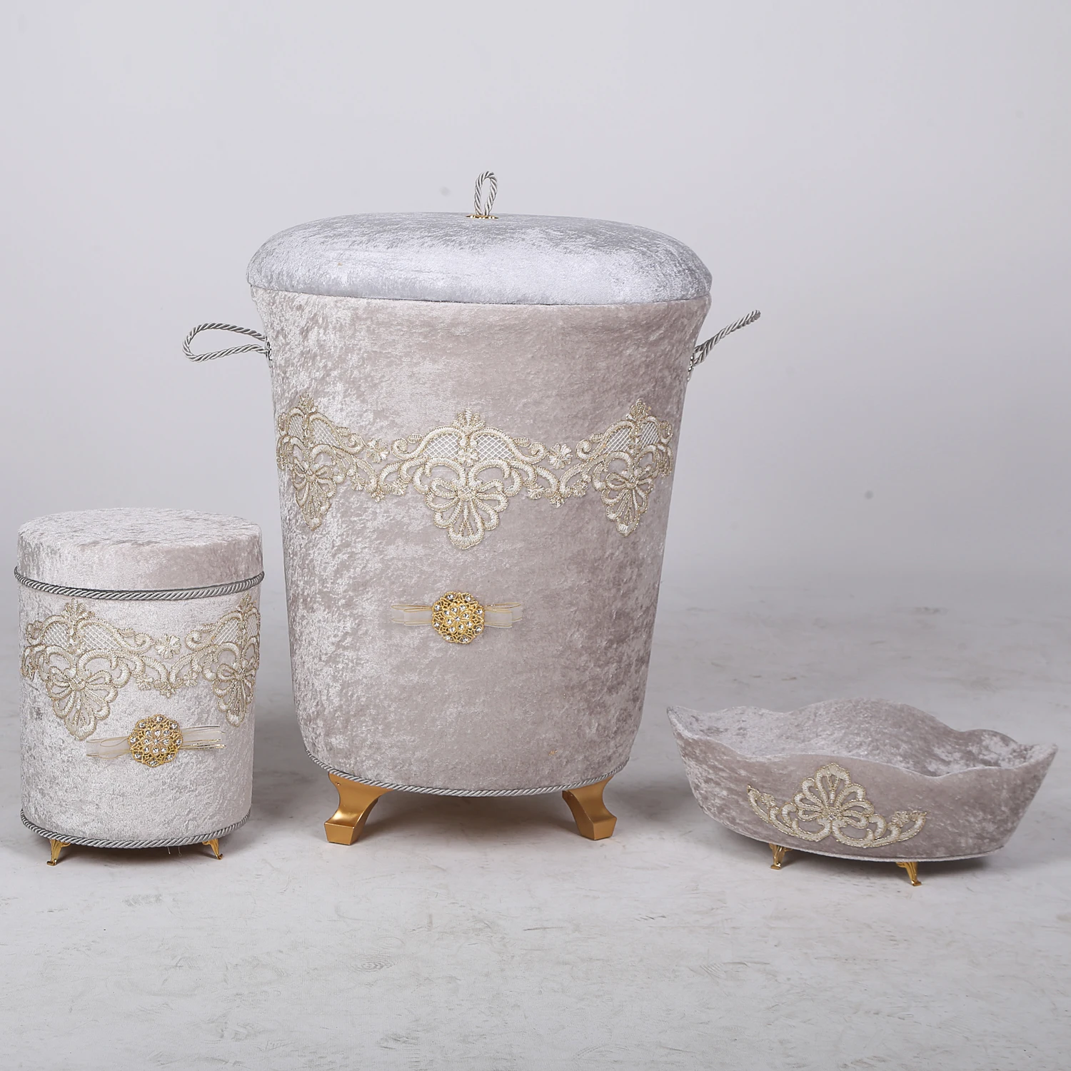 

Bonny Home Aplique Lux Grey 6 Pieces Laundry Basket Set & Bath Mat Set Organizer Dirty Clothes Storage and Bathroom Rugs