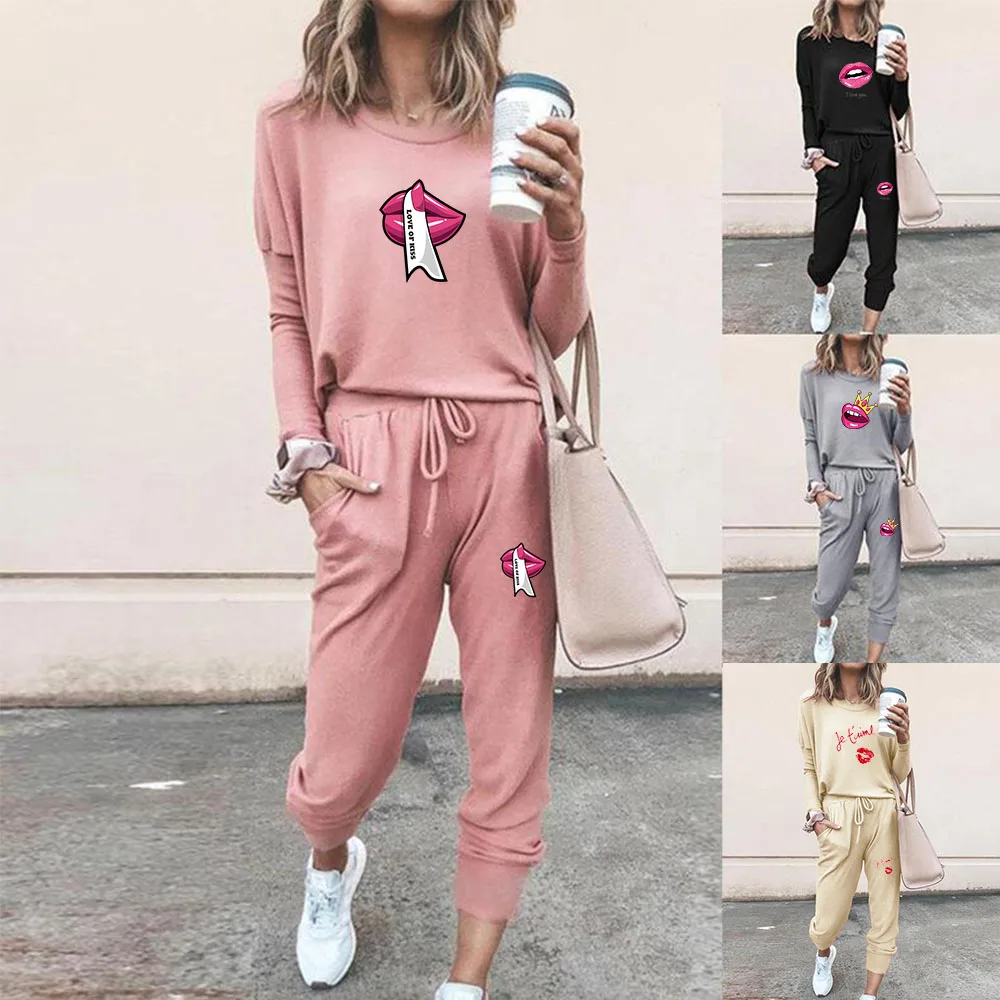 

Women 2Piece Set Long Sleeve Tracksuit Colorful Lips Print Tshirts+Pants Casual Jogging Sport Women's Clothes Party Female Suit