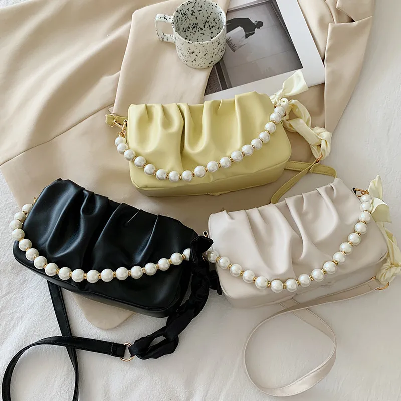 

Fashion Women's Shoulder Bag Retro Pearl Fold Cloud Bag Messenger Underarm Bag Handbag