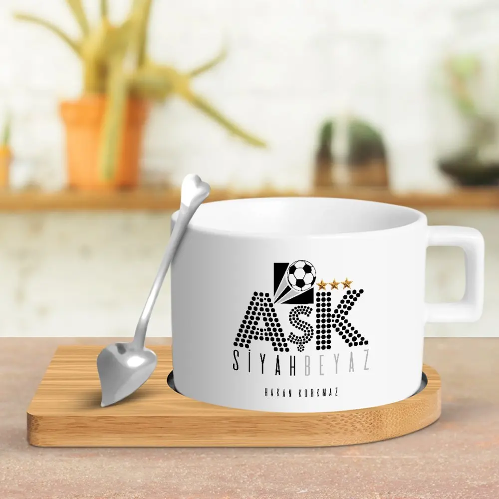 

Персонализированная керамическая чашка с надписью Love Black White Wood Altlıklı