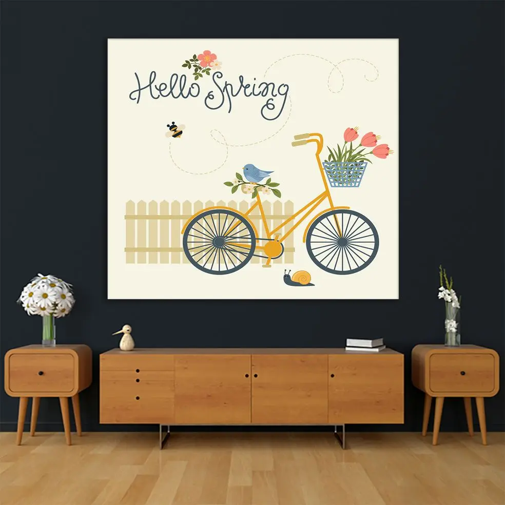 Гобелен велосипед цветы птица пчела улитка и забор &quotHello Spring&quot Весенняя тема