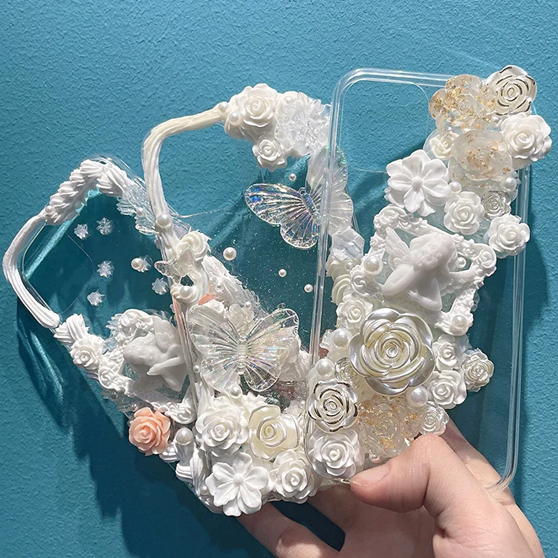 

Handmade DIY Phone Case For iPhone 12 Pro X XS MAX Xr 11 8 Plus Rose Flower Butterfly Soft Cover For Girl Women