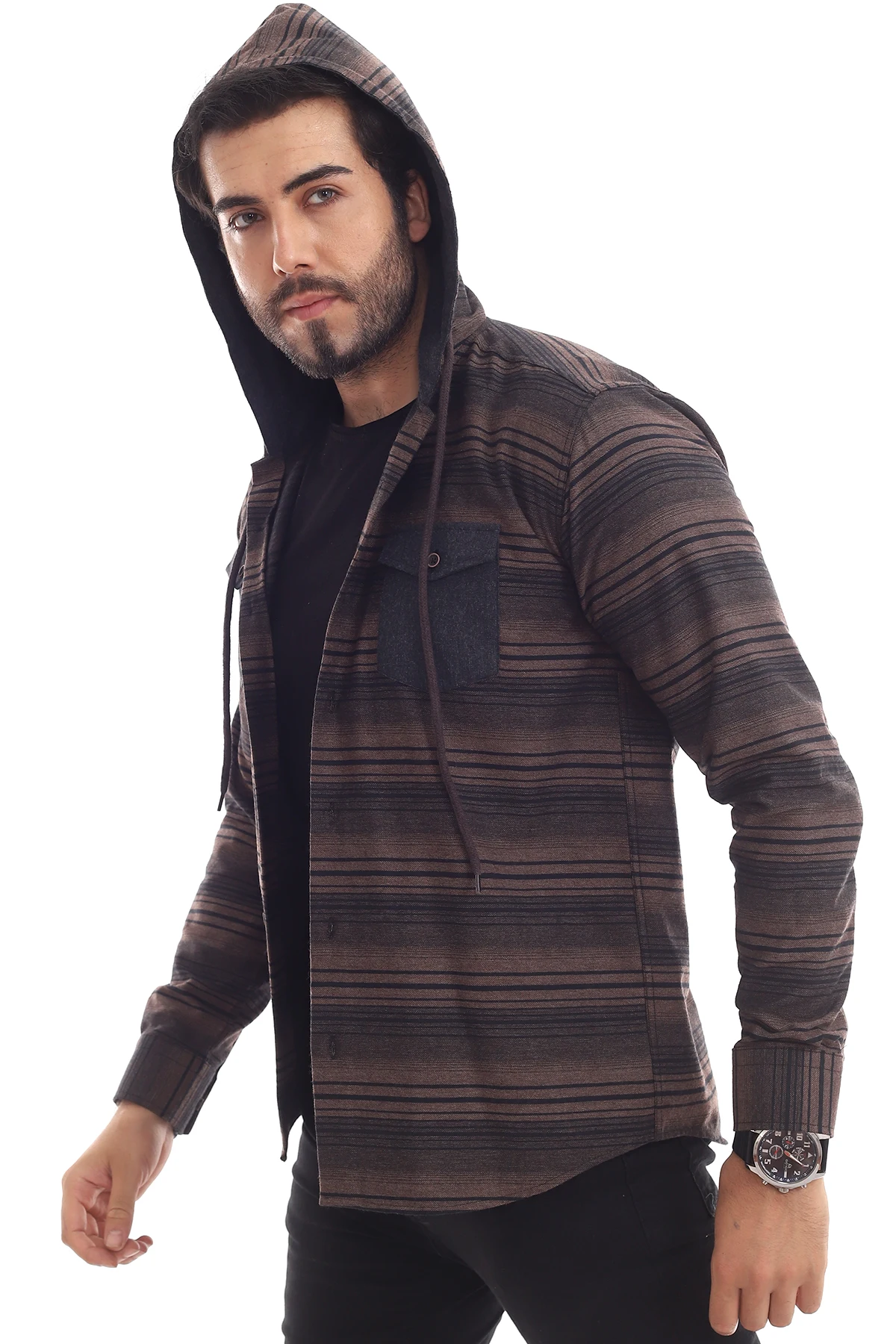 WOODCUTTERS HOODED CASUAL SLYM FİT MALE GÖMLEĞİ (BLACK BEIGE) | Мужская одежда