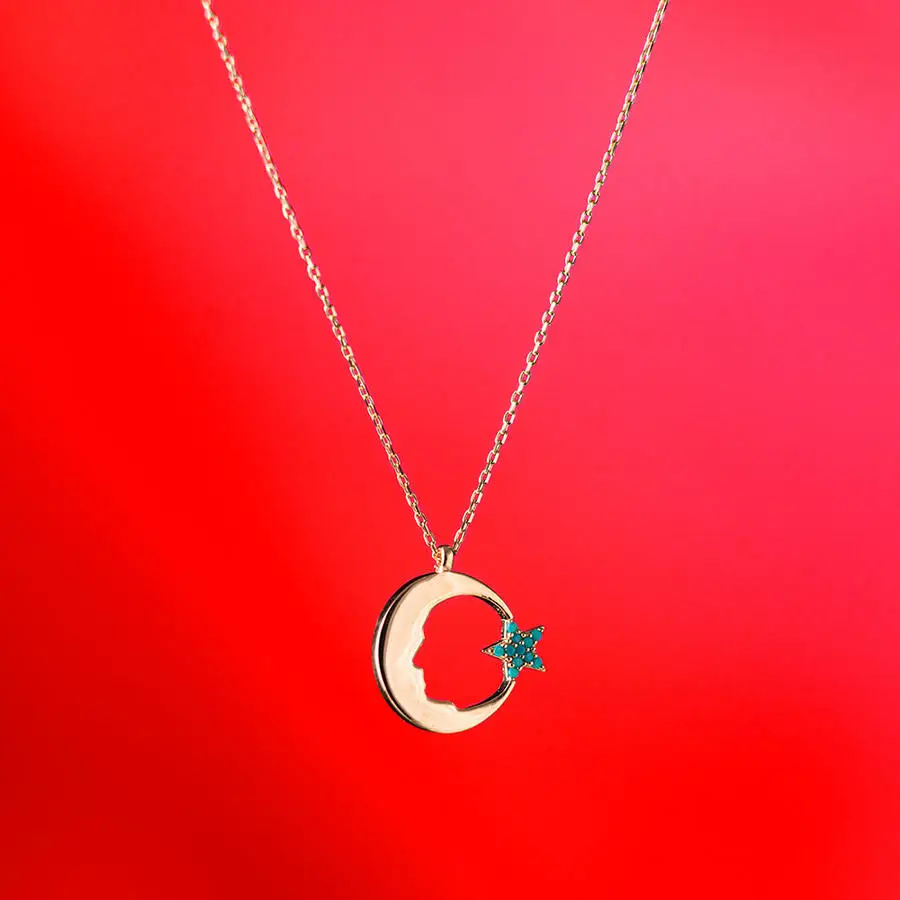 

925 Sterling Silver Ataturk Silhouette Model Crescent Star Women Necklace Turkish Accessory Gift Classic Modern Good Quality New