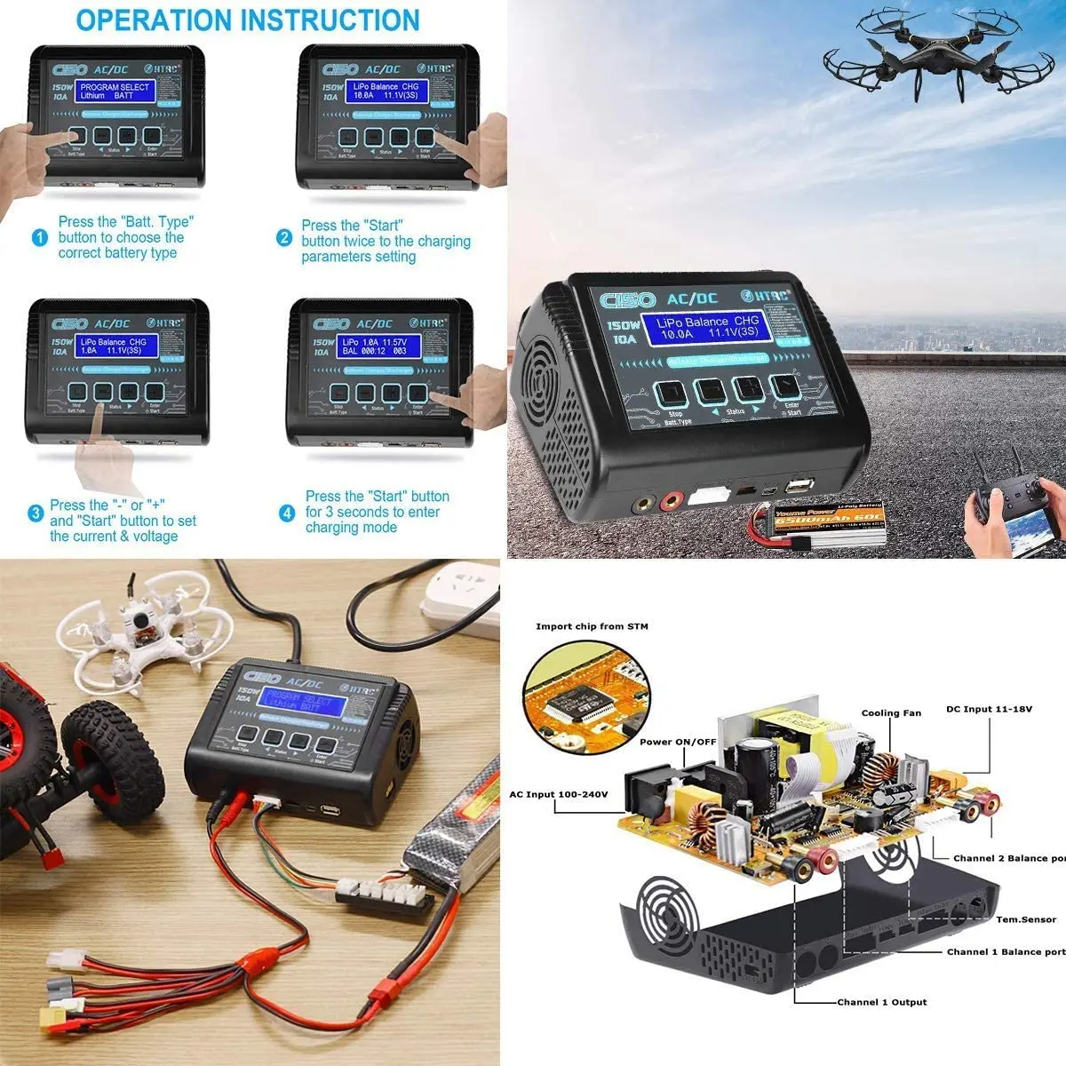 1 шт. HTRC зарядное устройство LiPo RC балансировка Dis 150 Вт 10A 1-6S AC/DC C150 для NiCd Li-Ion Life NiMH