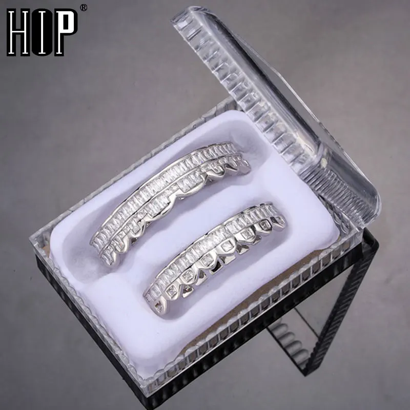 

Hip Hop Iced Out Baguette Teeth Grillz Caps Cubic Zircon Micro Pave Top & Bottom Charm Grills Set For Men Women Jewelry Box Pack